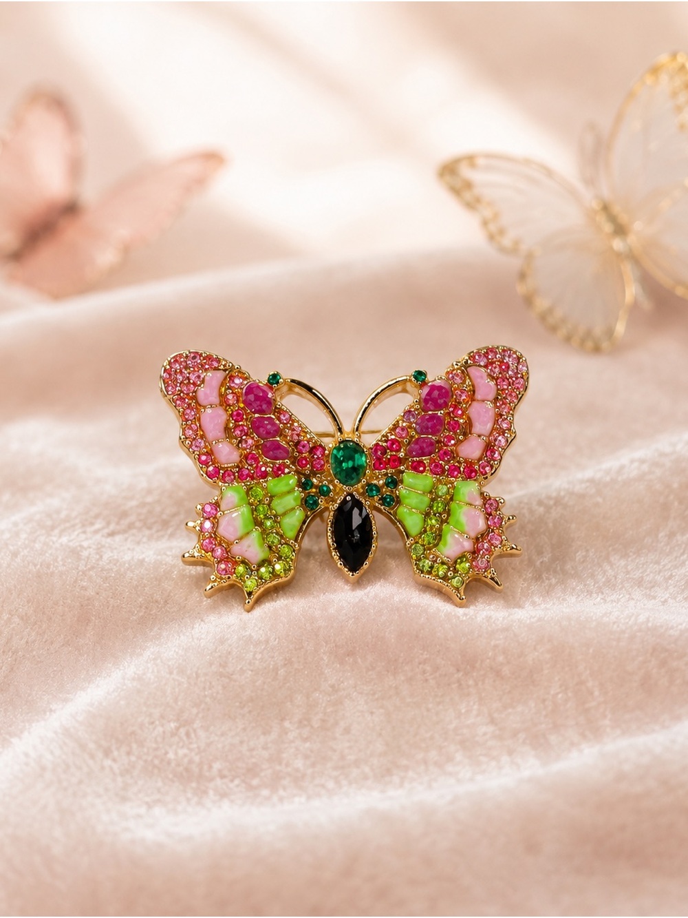 Butterfly Crystal Brooch - Pink & Green Accent Jewelry
